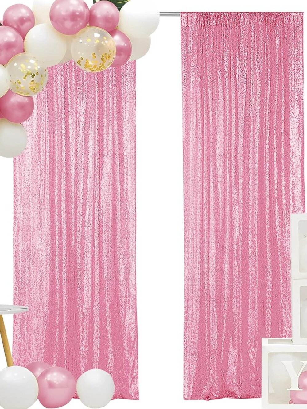 Pink Sequin Backdrop Curtain, 2PCS 2FTx8FT Glitter Backdrop Curtain for Parties,